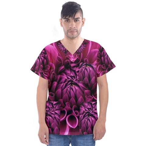 Dahlia-flower-purple-dahlia-petals Men s V-neck Scrub Top by Sapixe