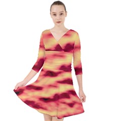 Red Waves Flow Series 3 Quarter Sleeve Front Wrap Dress by DimitriosArt