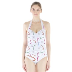 Christmas Candy Canes Halter Swimsuit by SychEva
