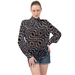 Black And White Abstract Tribal Print High Neck Long Sleeve Chiffon Top by dflcprintsclothing