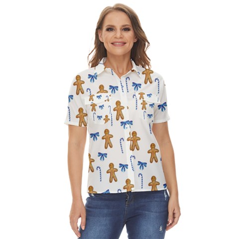 Gingerbread Man And Candy Women s Short Sleeve Double Pocket Shirt by SychEva