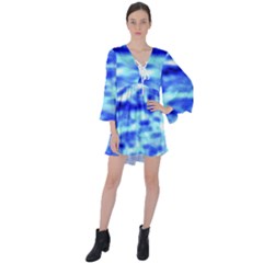 Blue Waves Flow Series 5 V-neck Flare Sleeve Mini Dress by DimitriosArt