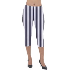 Minimalistic Black And White Stripes, Vertical Lines Pattern Lightweight Velour Capri Leggings 