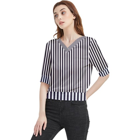 Minimalistic Black And White Stripes, Vertical Lines Pattern Quarter Sleeve Blouse by Casemiro