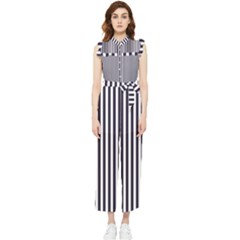 Minimalistic Black And White Stripes, Vertical Lines Pattern Women s Frill Top Chiffon Jumpsuit