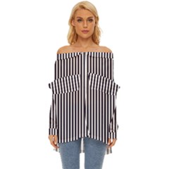Minimalistic Black And White Stripes, Vertical Lines Pattern Off Shoulder Chiffon Pocket Shirt by Casemiro