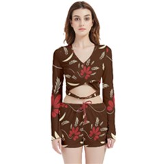 Sfolk Flowers Print Floral Pattern Ethnic Art Velvet Wrap Crop Top And Shorts Set by Eskimos