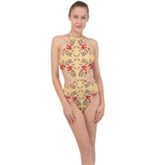 Floral Folk Damask Pattern Fantasy Flowers Floral Geometric Fantasy Halter Side Cut Swimsuit by Eskimos