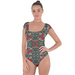 Floral folk damask pattern Fantasy flowers Floral geometric fantasy Short Sleeve Leotard 