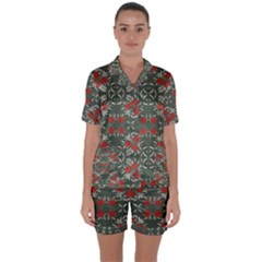 Floral Folk Damask Pattern Fantasy Flowers Floral Geometric Fantasy Satin Short Sleeve Pajamas Set by Eskimos