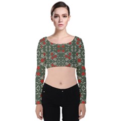 Floral folk damask pattern Fantasy flowers Floral geometric fantasy Velvet Long Sleeve Crop Top