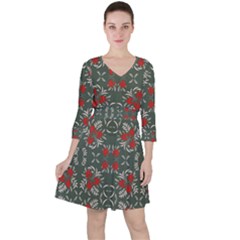 Floral Folk Damask Pattern Fantasy Flowers Floral Geometric Fantasy Quarter Sleeve Ruffle Waist Dress by Eskimos