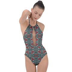 Floral Folk Damask Pattern Fantasy Flowers Floral Geometric Fantasy Plunge Cut Halter Swimsuit by Eskimos