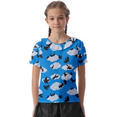 Black Birds Flying Through Clouds In The Sky Pattern Kids  Frill Chiffon Blouse