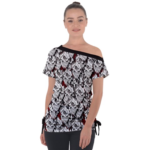 Demonic Skulls Pattern, Spooky Horror, Halloween Theme Off Shoulder Tie-up Tee by Casemiro