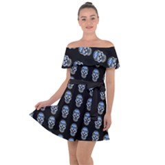 Skulls, Demonic Skull Pattern, Frida Kahlo Stylised Off Shoulder Velour Dress by Casemiro