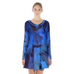 Peony In Blue Long Sleeve Velvet V-neck Dress by LavishWithLove