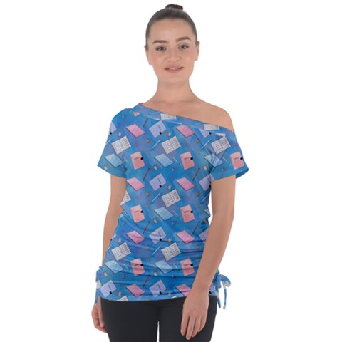 Notepads Pens And Pencils Off Shoulder Tie-up Tee by SychEva