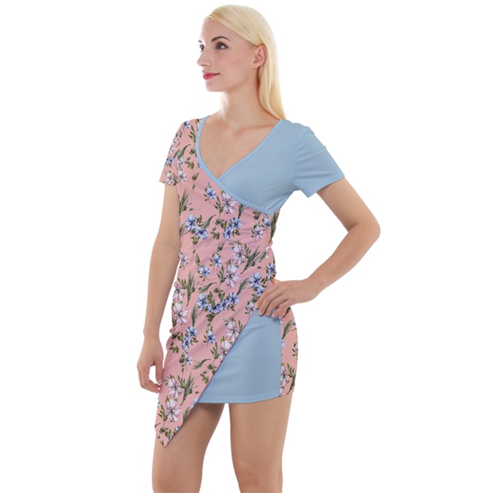 Flower peach blossom Short Sleeve Asymmetric Mini Dress