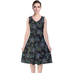 Moody Flora V-neck Midi Sleeveless Dress 