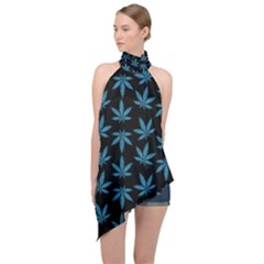 Weed Pattern Halter Asymmetric Satin Top