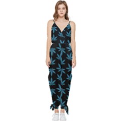 Weed Pattern Sleeveless Tie Ankle Chiffon Jumpsuit by Valentinaart
