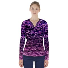 Purple  Waves Abstract Series No2 V-neck Long Sleeve Top by DimitriosArt