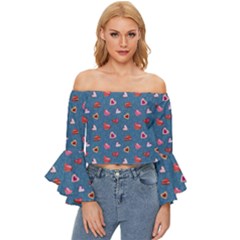 Sweet Hearts Off Shoulder Flutter Bell Sleeve Top by SychEva