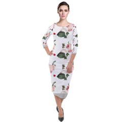 Love Spring Floral Quarter Sleeve Midi Velour Bodycon Dress