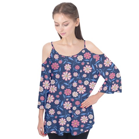 Flowers Pattern Flutter Sleeve Tee  by Sparkle