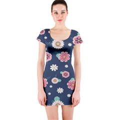 Flowers Pattern Short Sleeve Bodycon Dress