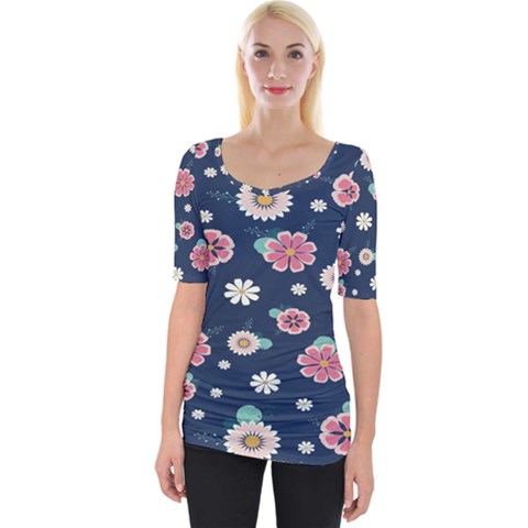 Flowers Pattern Wide Neckline Tee by Sparkle