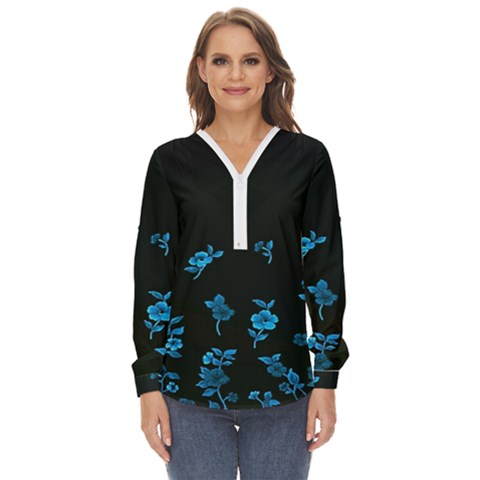 Flowers Pattern Zip Up Long Sleeve Blouse by Sparkle