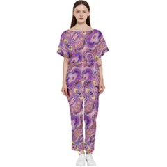 Liquid Art Pouring Abstract Seamless Pattern Tiger Eyes Batwing Lightweight Chiffon Jumpsuit