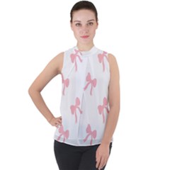 Pink Ribbons Pattern Mock Neck Chiffon Sleeveless Top by Littlebird