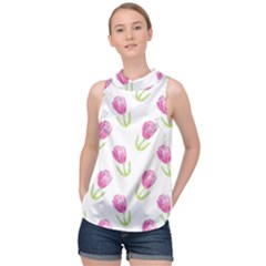 Tulips Watercolor Pattern High Neck Satin Top by Littlebird