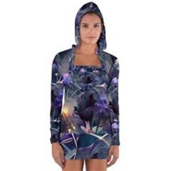 Dark Floral Long Sleeve Hooded T-shirt by Dazzleway