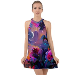 Floral Halter Tie Back Chiffon Dress by Dazzleway