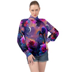 Floral High Neck Long Sleeve Chiffon Top by Dazzleway