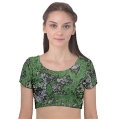 Modern Camo Grunge Print Velvet Short Sleeve Crop Top 