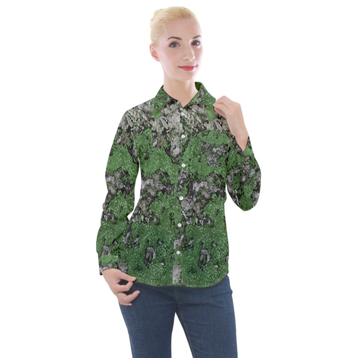Modern Camo Grunge Print Women s Long Sleeve Pocket Shirt