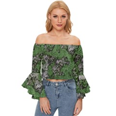 Modern Camo Grunge Print Off Shoulder Flutter Bell Sleeve Top