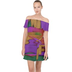 Puzzle Landscape In Beautiful Jigsaw Colors Off Shoulder Chiffon Dress