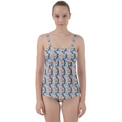 Flowers Pattern Twist Front Tankini Set