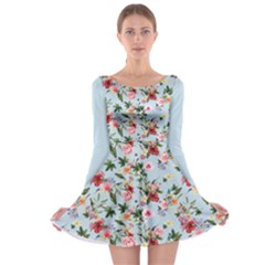 Boho Flower Light Blue Long Sleeve Skater Dress