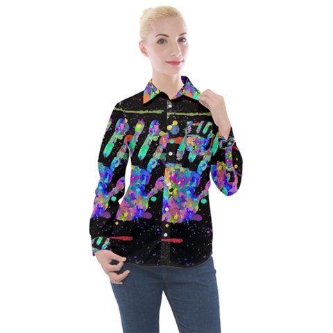 Crazy Multicolored Each Other Running Splashes Hand 1 Women s Long Sleeve Pocket Shirt by EDDArt