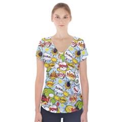 Comic Pow Bamm Boom Poof Wtf Pattern 1 Short Sleeve Front Detail Top by EDDArt