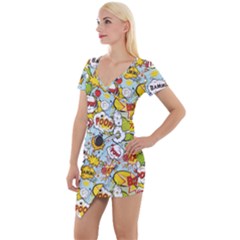 Comic Pow Bamm Boom Poof Wtf Pattern 1 Short Sleeve Asymmetric Mini Dress by EDDArt