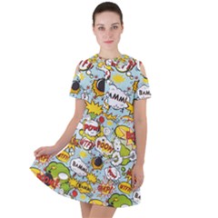 Comic Pow Bamm Boom Poof Wtf Pattern 1 Short Sleeve Shoulder Cut Out Dress  by EDDArt