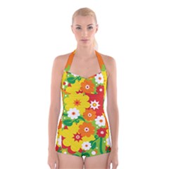 Flower Power Wallpaper Green Yellow Orange Red Boyleg Halter Swimsuit  by EDDArt